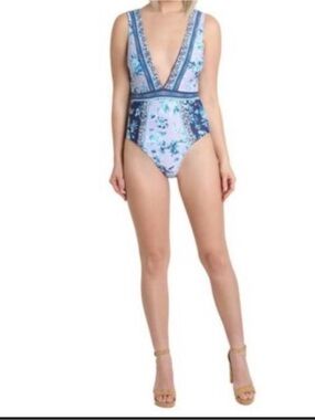 Nanette Lepore Blue Floral Deep V One-Piece